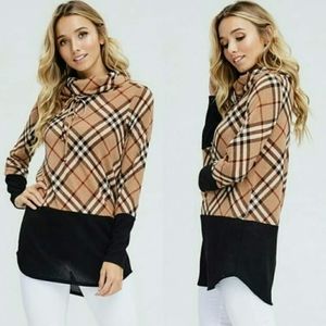 Plaid cowl pullover - BLACK / TAN / RED